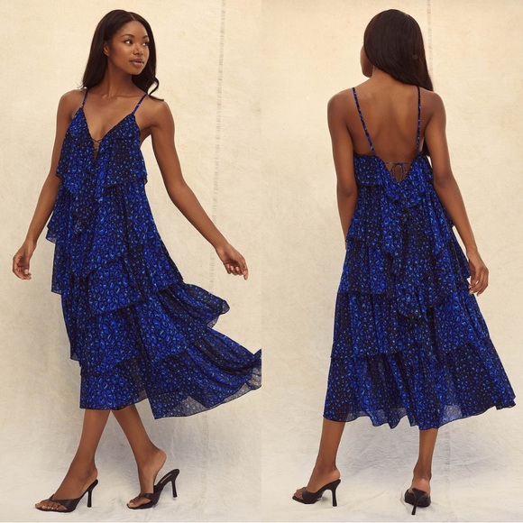 Lulu’s Tiers of Love Black and Blue Print Tiered Ruffled Maxi Dress - XL - Picture 1 of 15